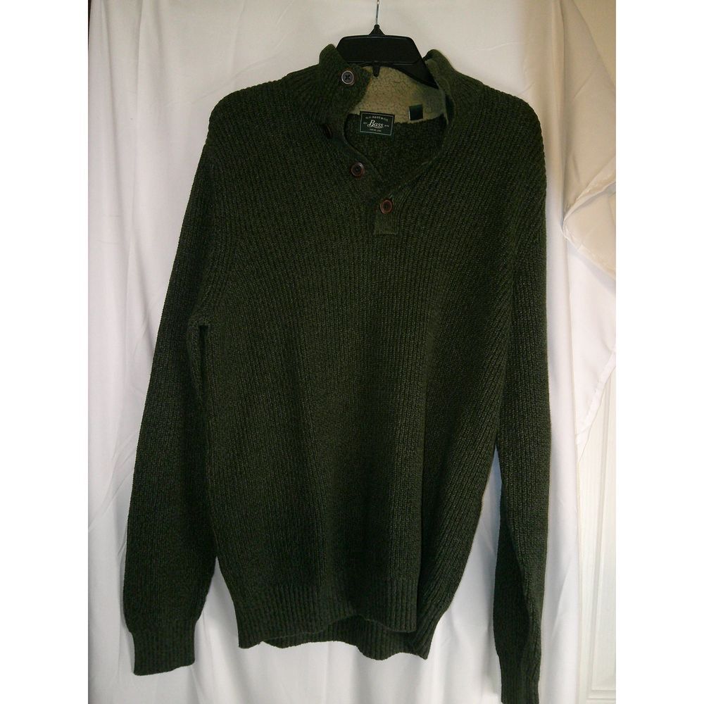 Men's Vintage G.H. Bass Henley Pullover Forest Green Faux Fur Collar Sweater L‎
